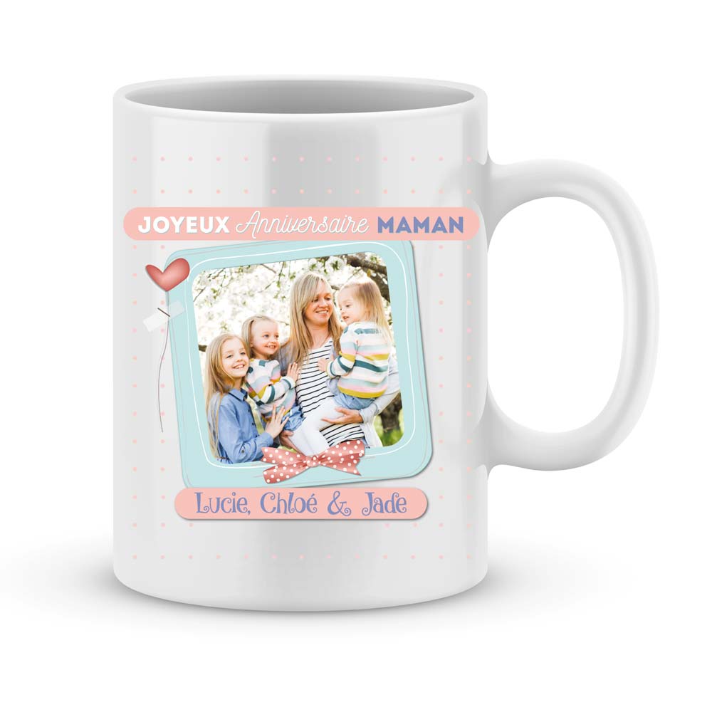 Cadeau anniversaire Maman avec photo et 3 prénoms - Joli Mug