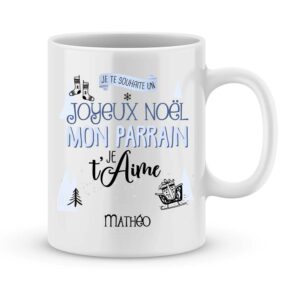 Cadeau parrain. Mug personnalisé prénom joyeux noël parrain