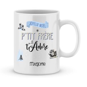 Cadeau frère. Mug personnalisé prénom joyeux noël p'tit frère