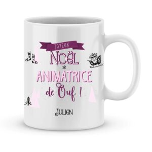 Cadeau animatrice. Mug personnalisé joyeux noël animatrice