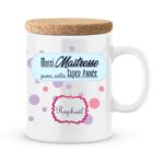 Cadeau maîtresse. Mug personnalisé avec prénom super année