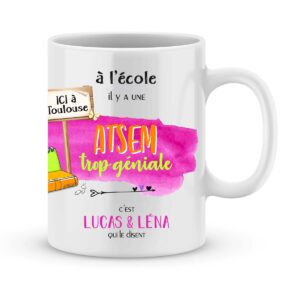 Cadeau atsem. Mug personnalisé atsem trop géniale avec prénoms