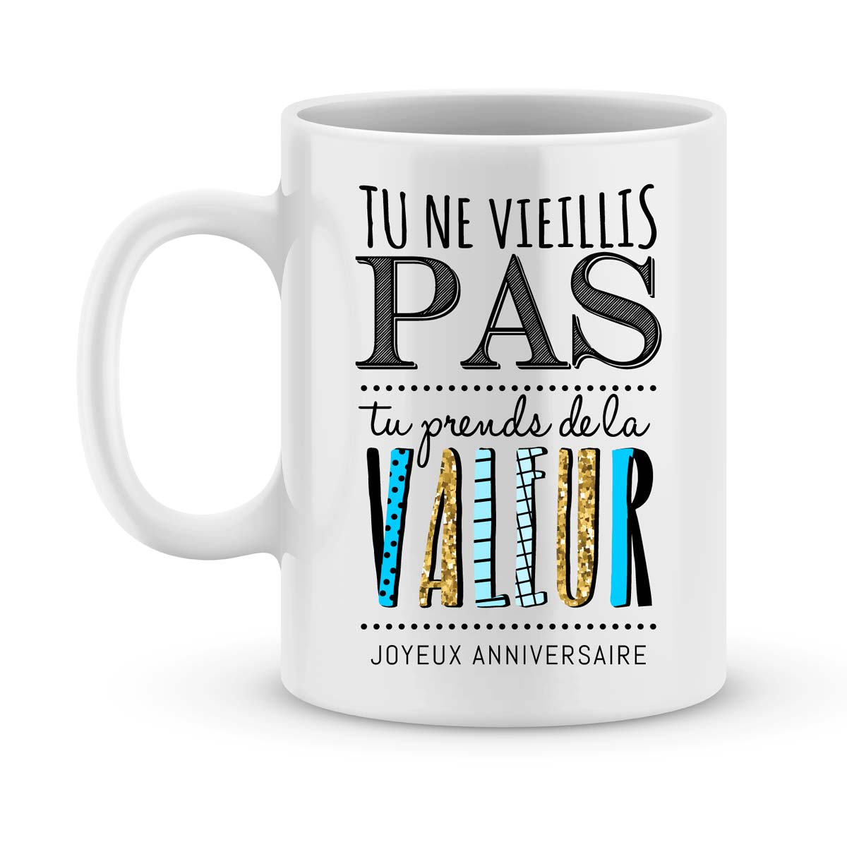 Mug personnalisé joyeux anniversaire prendre valeur