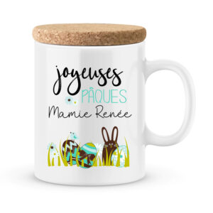 Cadeau pâques. Mug personnalisé joyeuses pâques lapin et oeufs