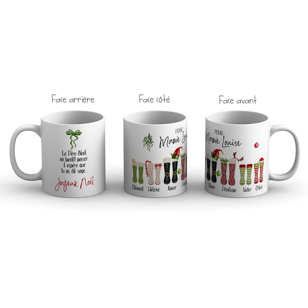 Cadeau maman noël. Mug prénoms et illustrations bottes de noël